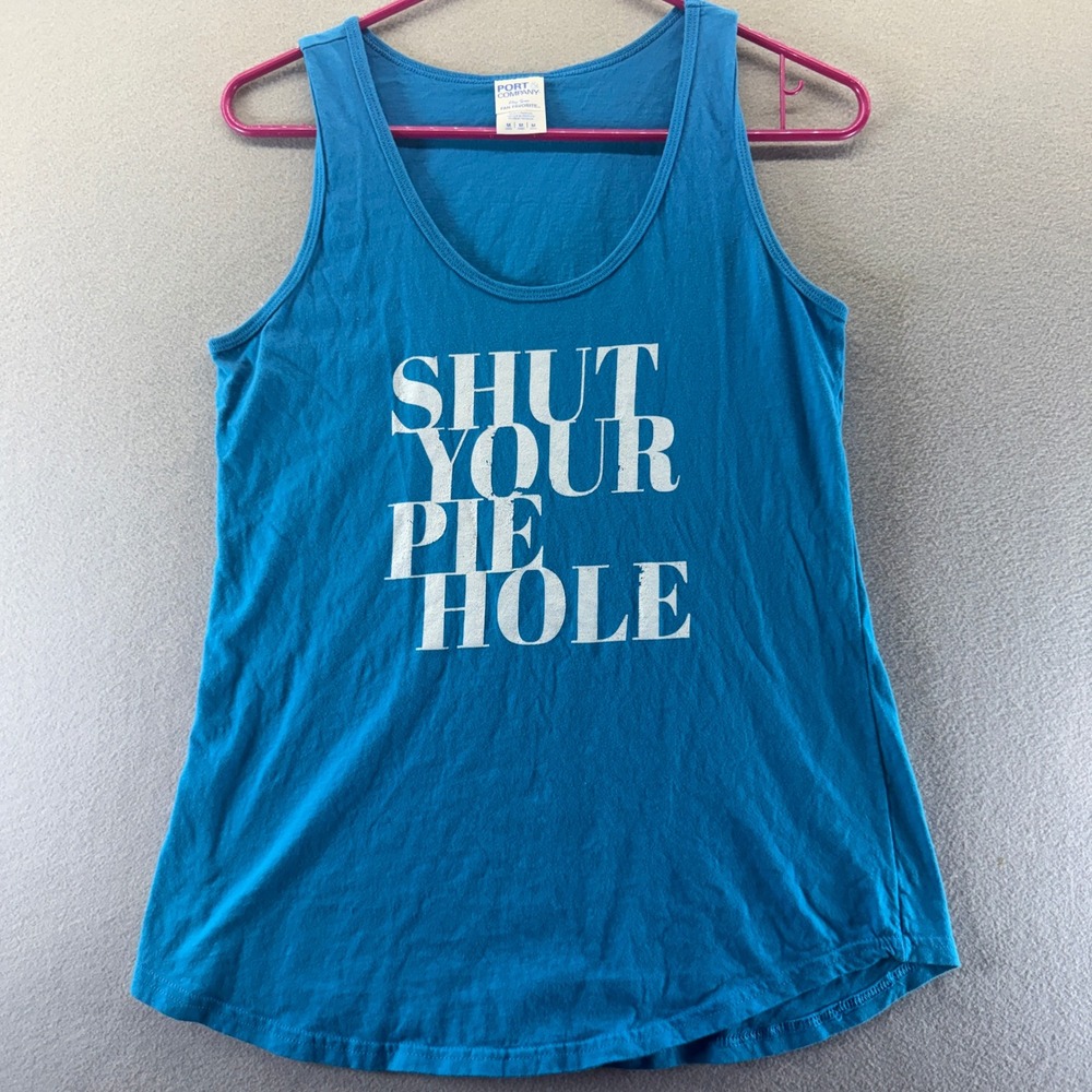 Port & Company Shut Your Pie Hole Graphic Tank Top Blue Womens Medium